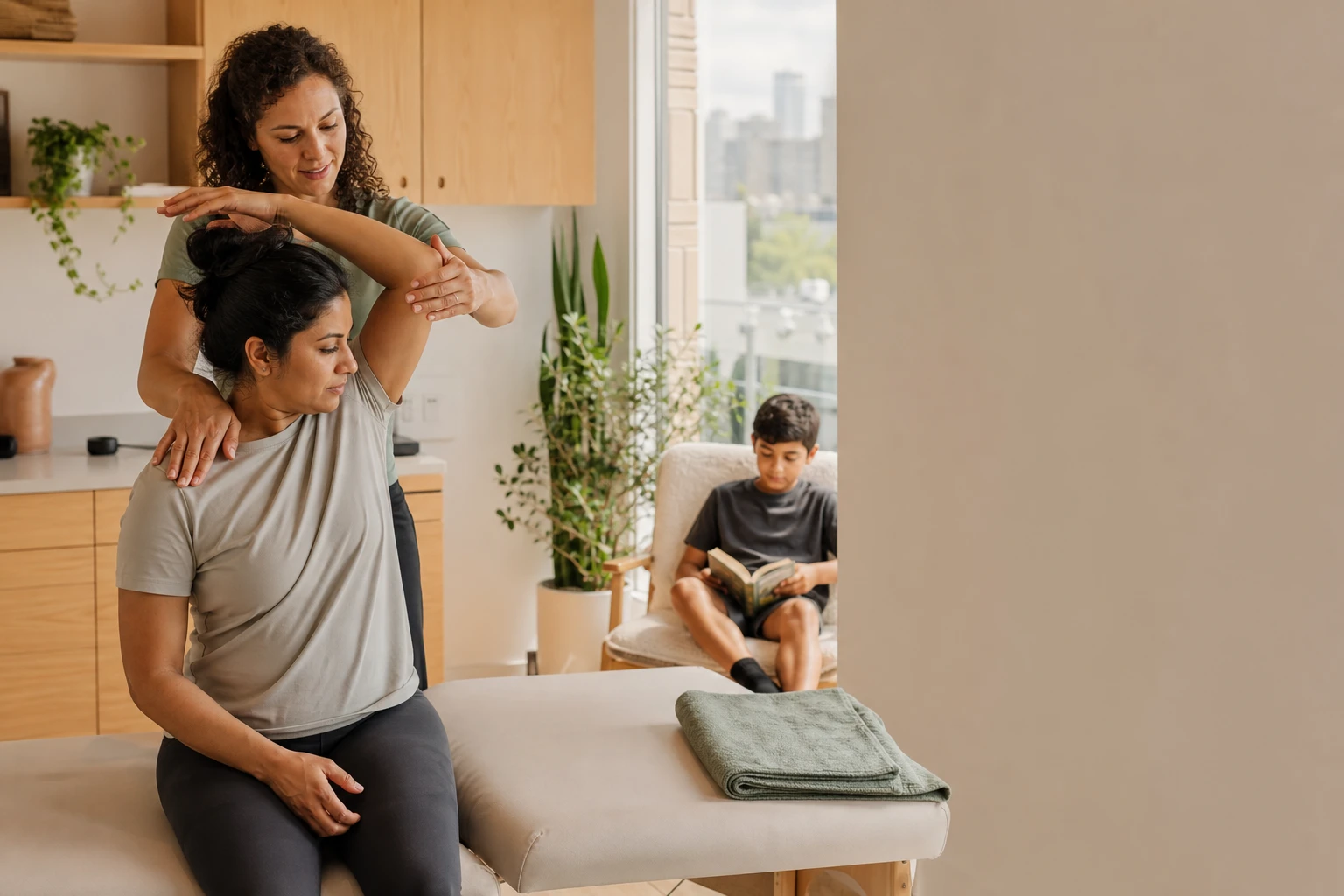A physiotherapist guides a parent through a shoulder exercise while their child waits nearby.