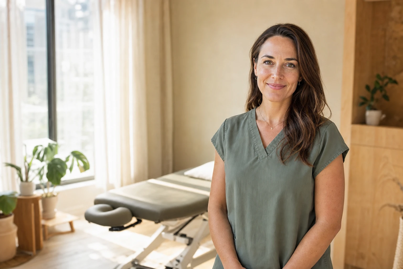 A welcoming physiotherapist stands in a softly lit treatment room.