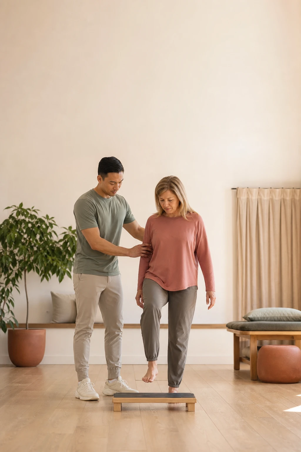 A physiotherapist guides a patient through a standing balance assessment.